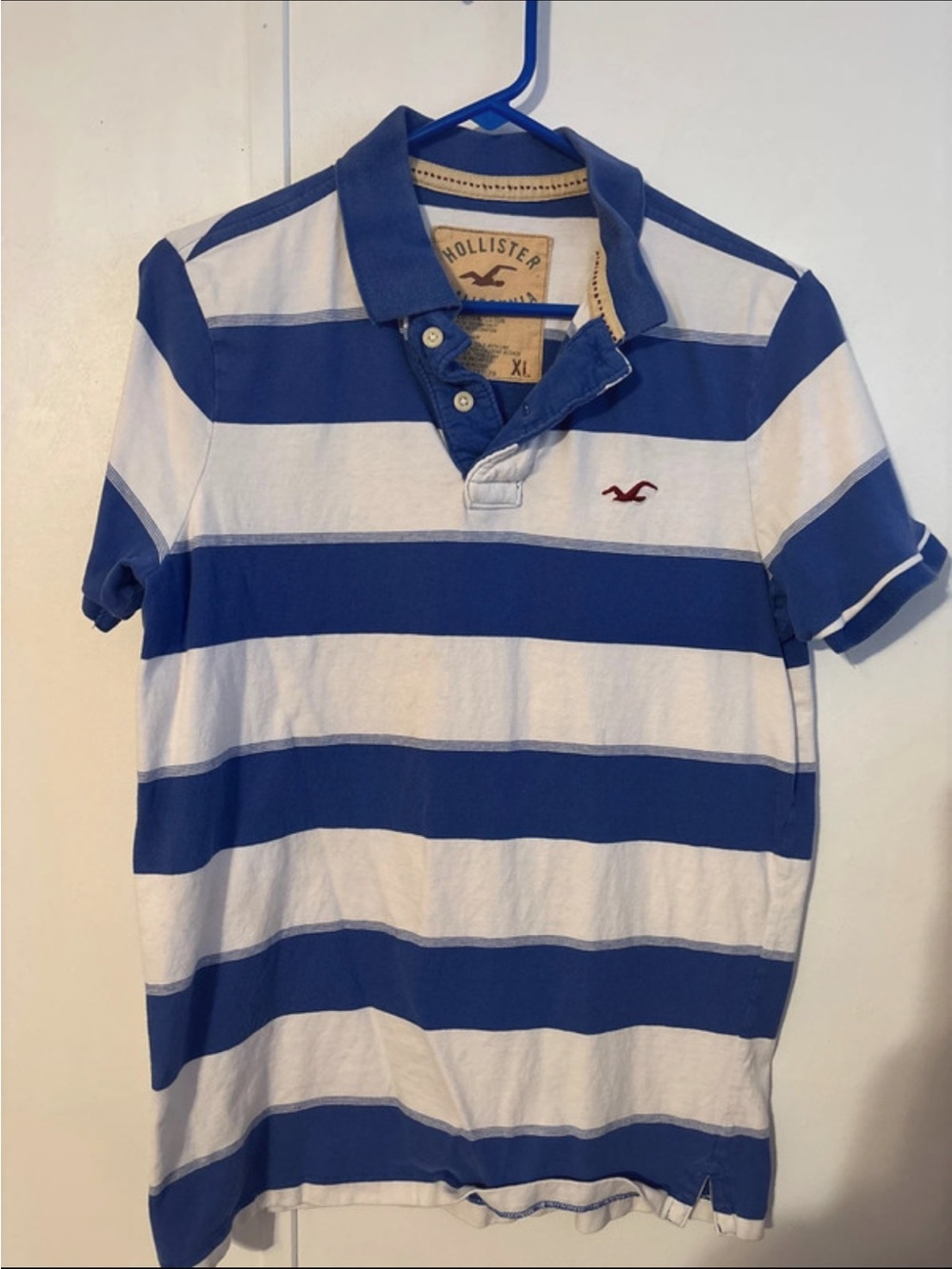 Vintage Hollister Men’s Blue & White Striped Polo Shirt
